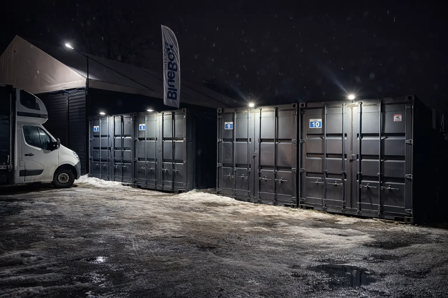 Kontenery magazynowe BlueBox oświetlone nocą
